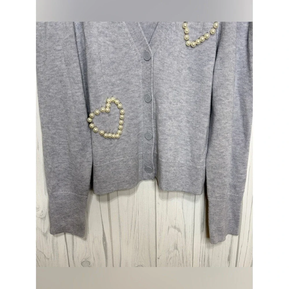 KATE SPADE NY NWOT Pearl Pave Heart Cardigan in Heather Gray, XL ($368)‎